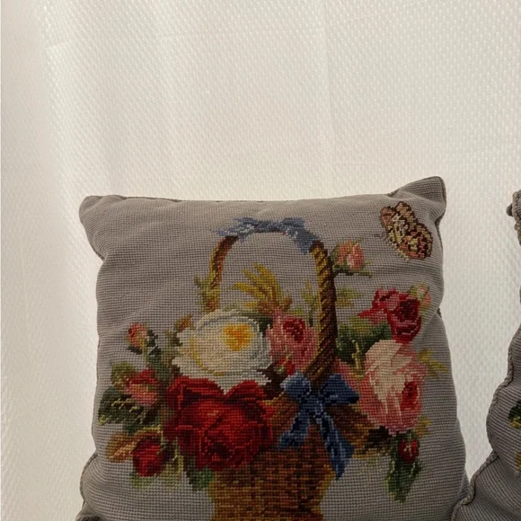 Petit Point Flower basket and butterfly pillows - Picture 2 of 7